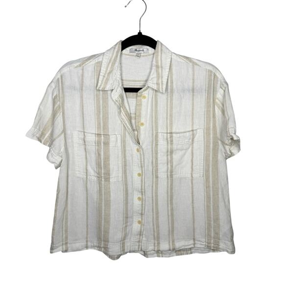 MADEWELL / cream tan linen blend striped short sleeve safari shirt / S - Picture 1 of 9
